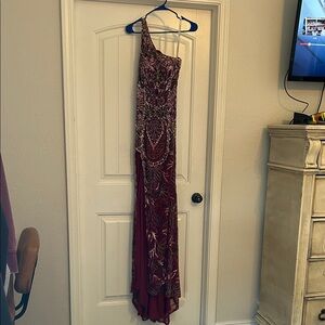 Rachel Allan Burgundy One-Shoulder Prom Dress